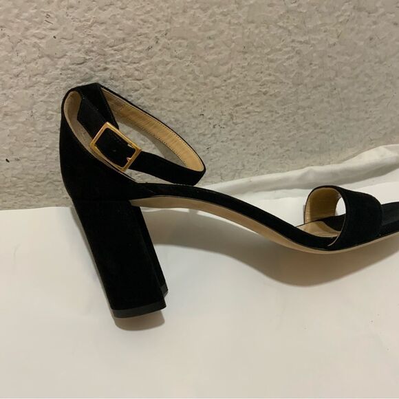 New Ann Mashburn black suede ankle Strap sandals size 38.5 heels 3” - Picture 4 of 11
